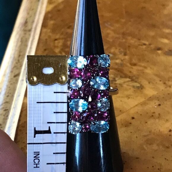 Natural Rhodolite Garnet Blue Zircon Sterling Silver Cocktail Ring Size 6 - Picture 5 of 9